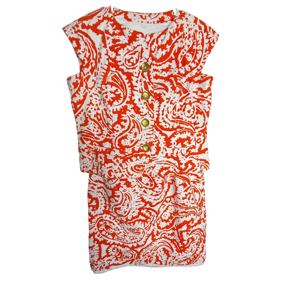 60s Vtg Bardley Orange White Paisley 2 Piece Skirt Suit Set Sleeveless Top Skirt